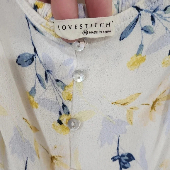Lovestitch Honey Puff Sleeve Mini Dress white yellow blue M Medium - Picture 5 of 5